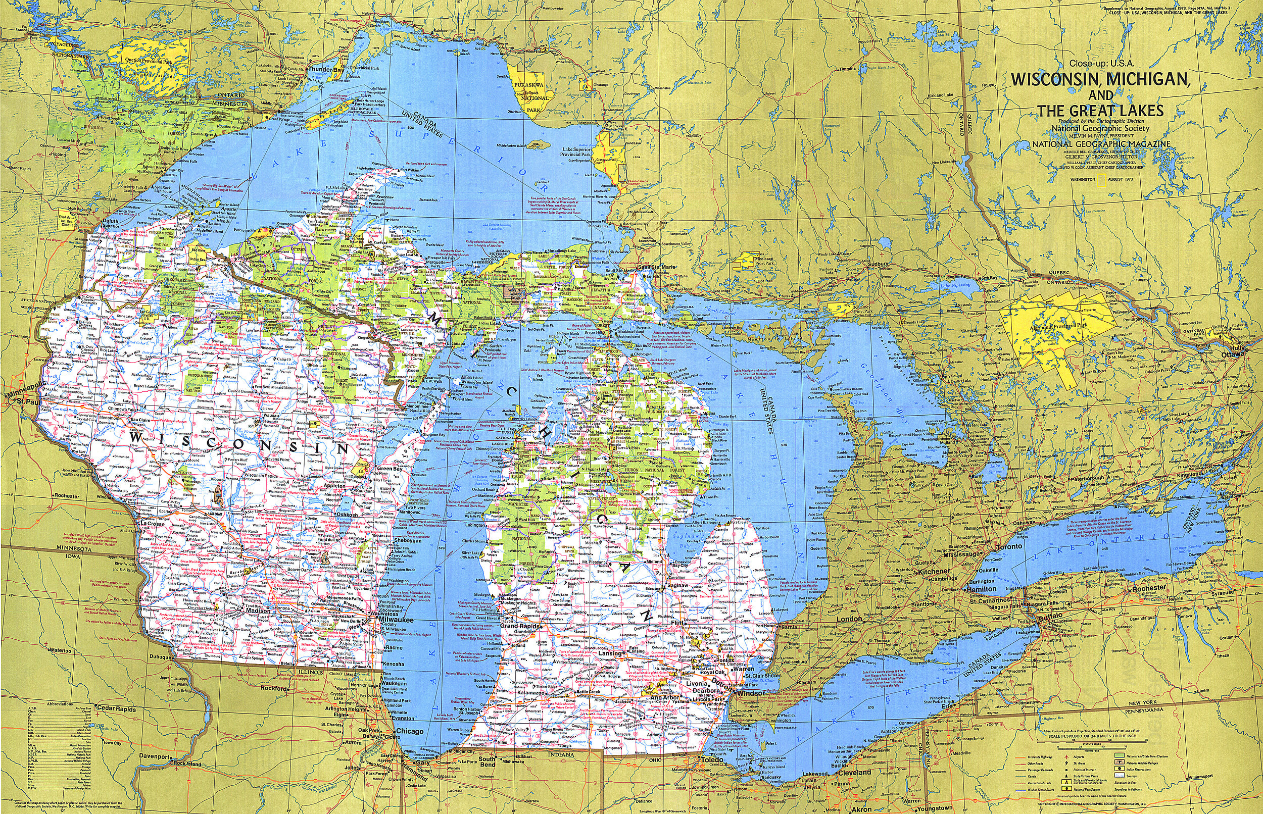 Close-up USA, Wisconsin, Michigan, and the Great Lakes Map